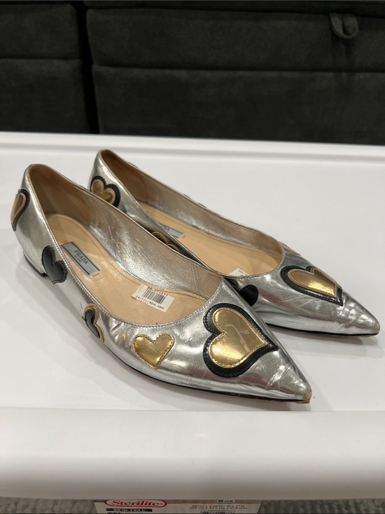 Prada Shoes - Prada Silver Pointed Flats with Gold and Black Heart Appliqués